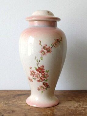 Mid-Century Ginger Jar Floral Motif Pink Cream Decorative Vase Cherry Blossom
